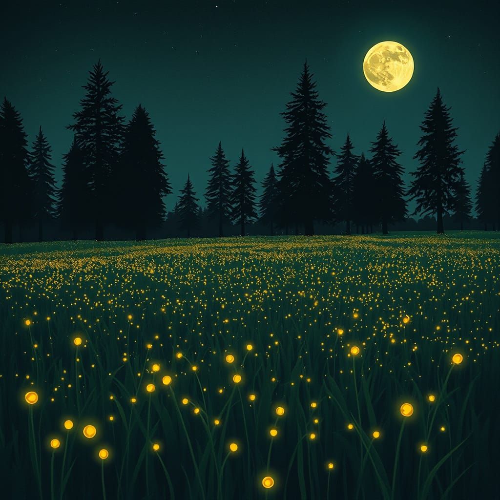 Fireflies Light Up Moonlit Field in Whimsical Animation Styl...
