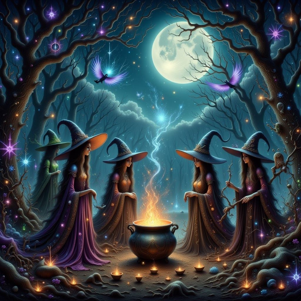 Witches Coven Around Cauldron in Mystical Forest