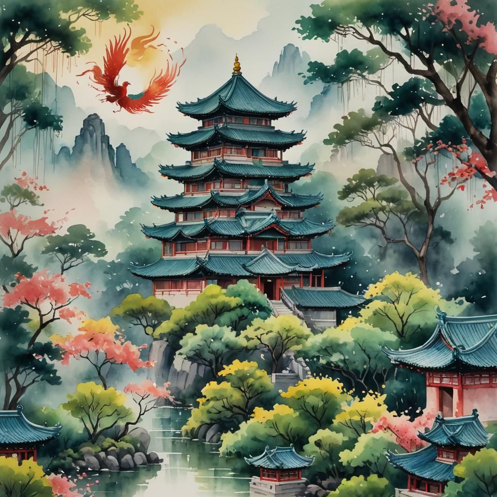 Chinese Temple with Phoenix in Watercolor Style