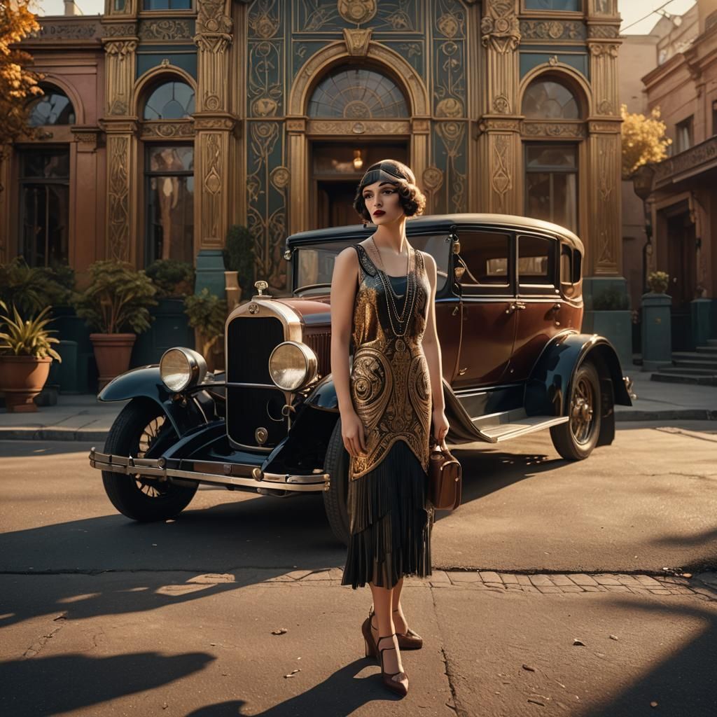 Vintage Car and Flapper in Art Nouveau Scenery