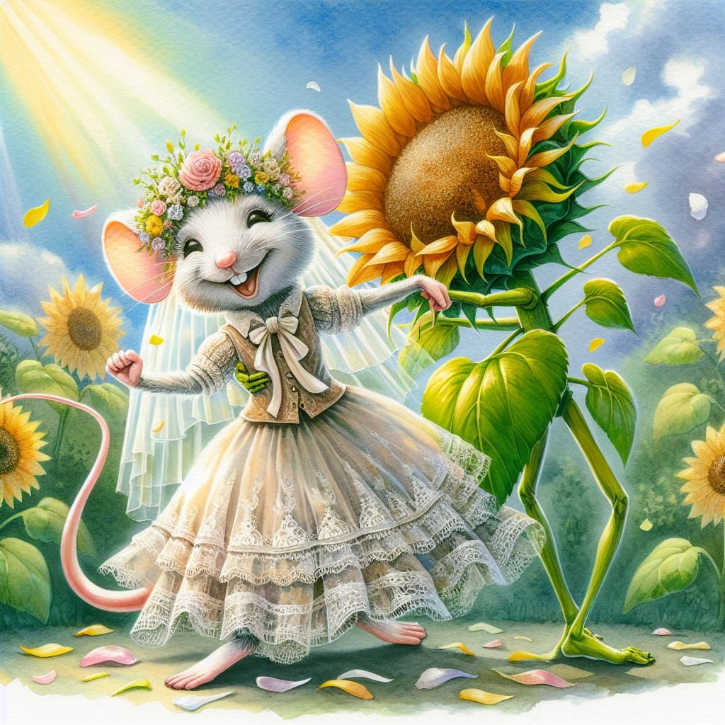 Watercolor Mouse and Sunflower Wedding Dance
