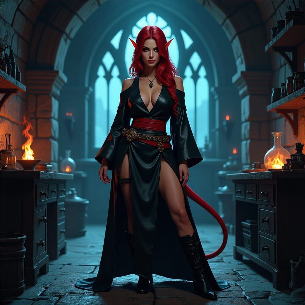 Tiefling Alchemist in Shadowy Laboratory, Gothic Ambiance