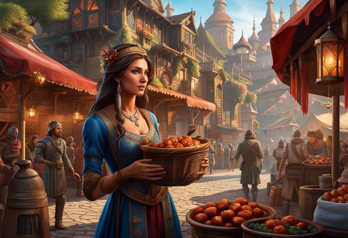 Medieval Marketplace Scene in Renaissance Watercolor Style