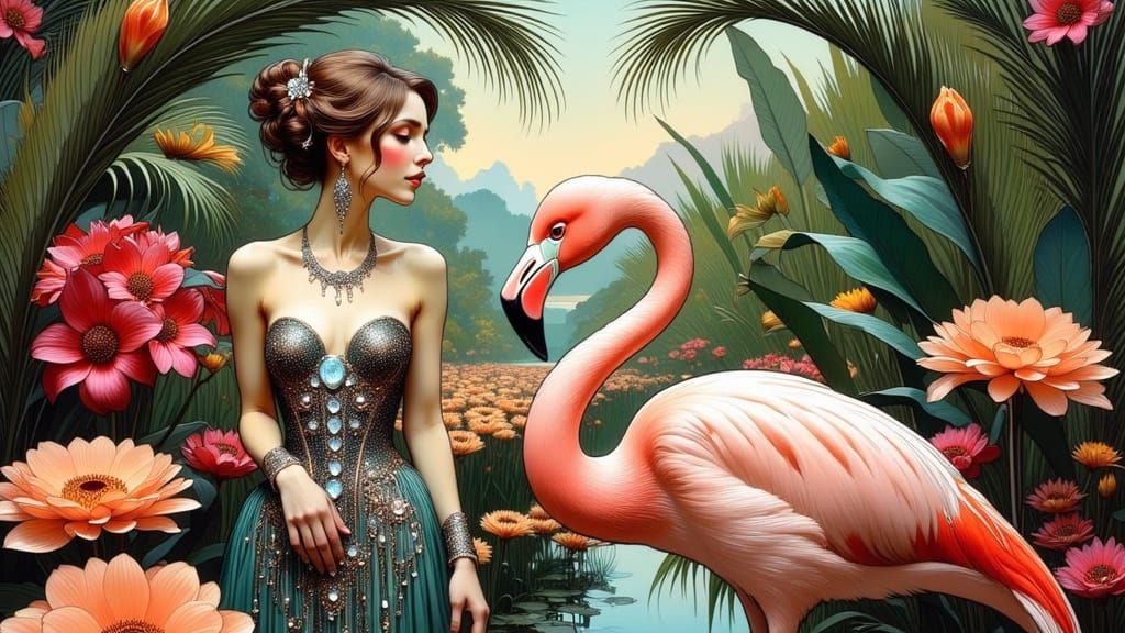 Elegant Flamingo Woman in Art Deco Ball Gown Attends Tropica...