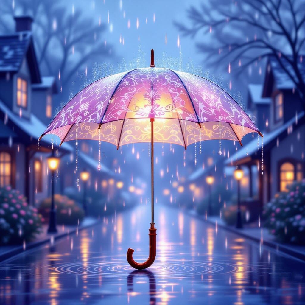 Luminescent Umbrella with Dew-Kissed Patterns in Gentle Rain