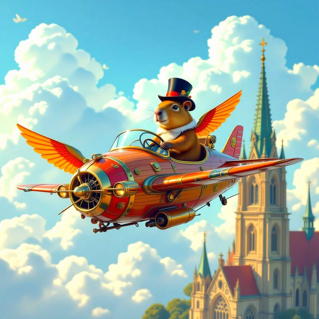 Capybara Steers Flying Car Past Church Tower