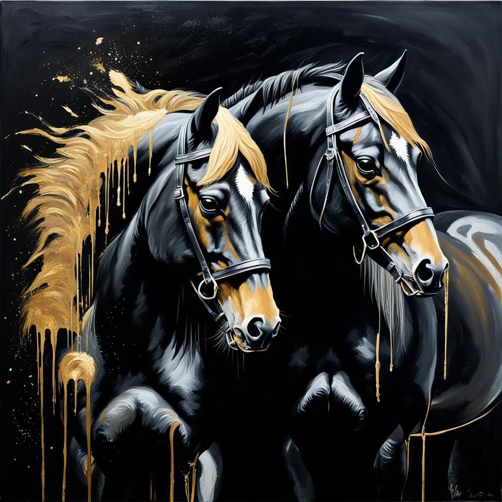 Black Horse Painting with Golden Highlights
