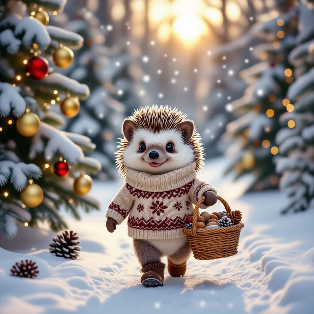 Anthropomorphic Hedgehog Christmas Card in Snowy Forest