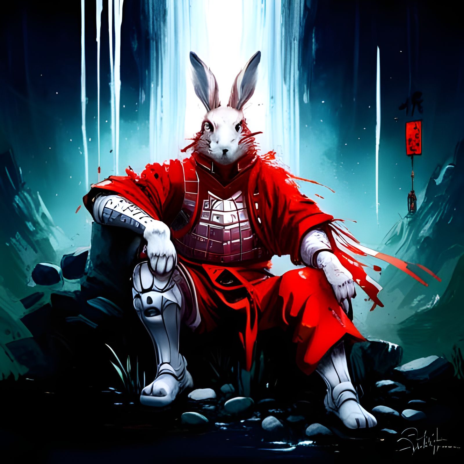 Armored Samurai Rabbit Under Waterfall in Splash Art Style
