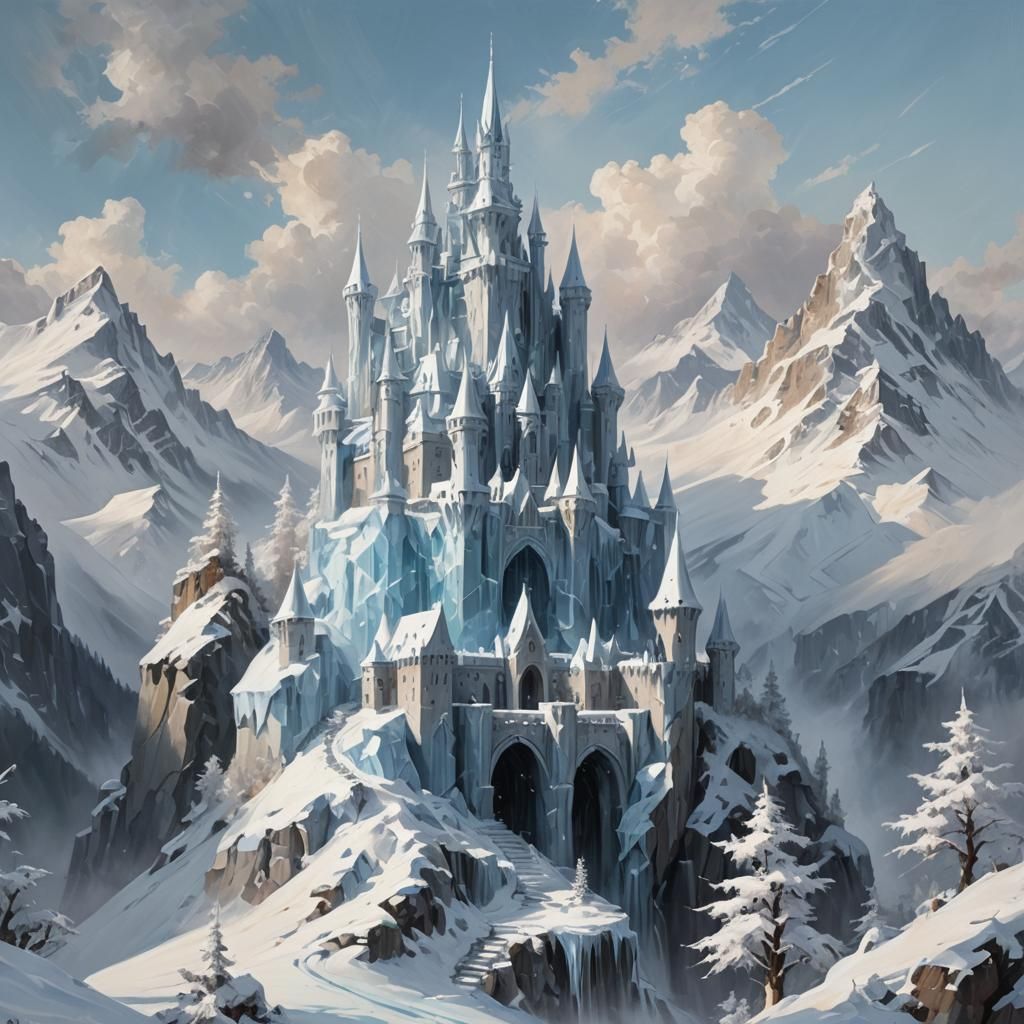 Ice Castle on Snowy Mountain in Tachisme Brushwork