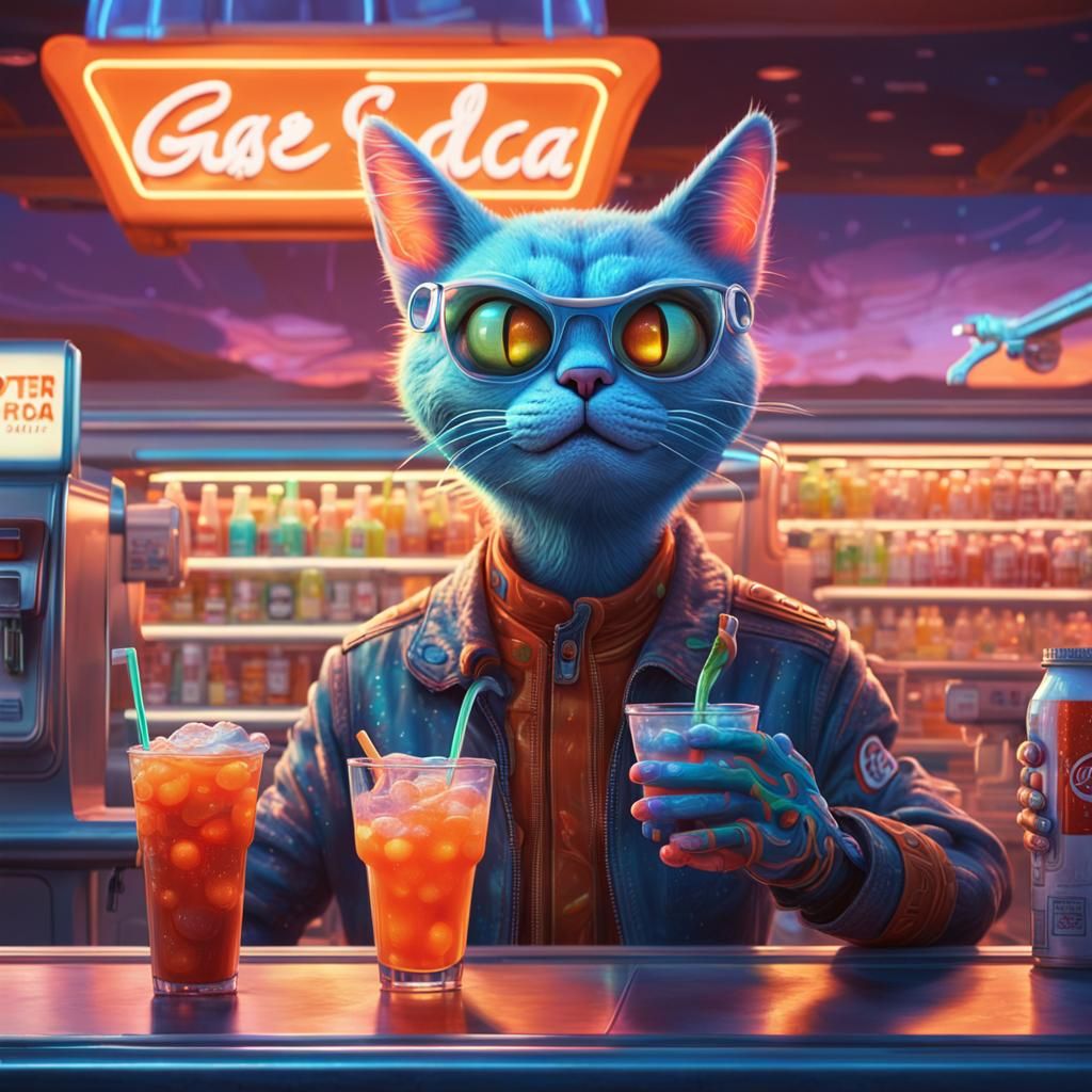 Cat-Headed Alien Tends Soda Fountain in Matte Painting