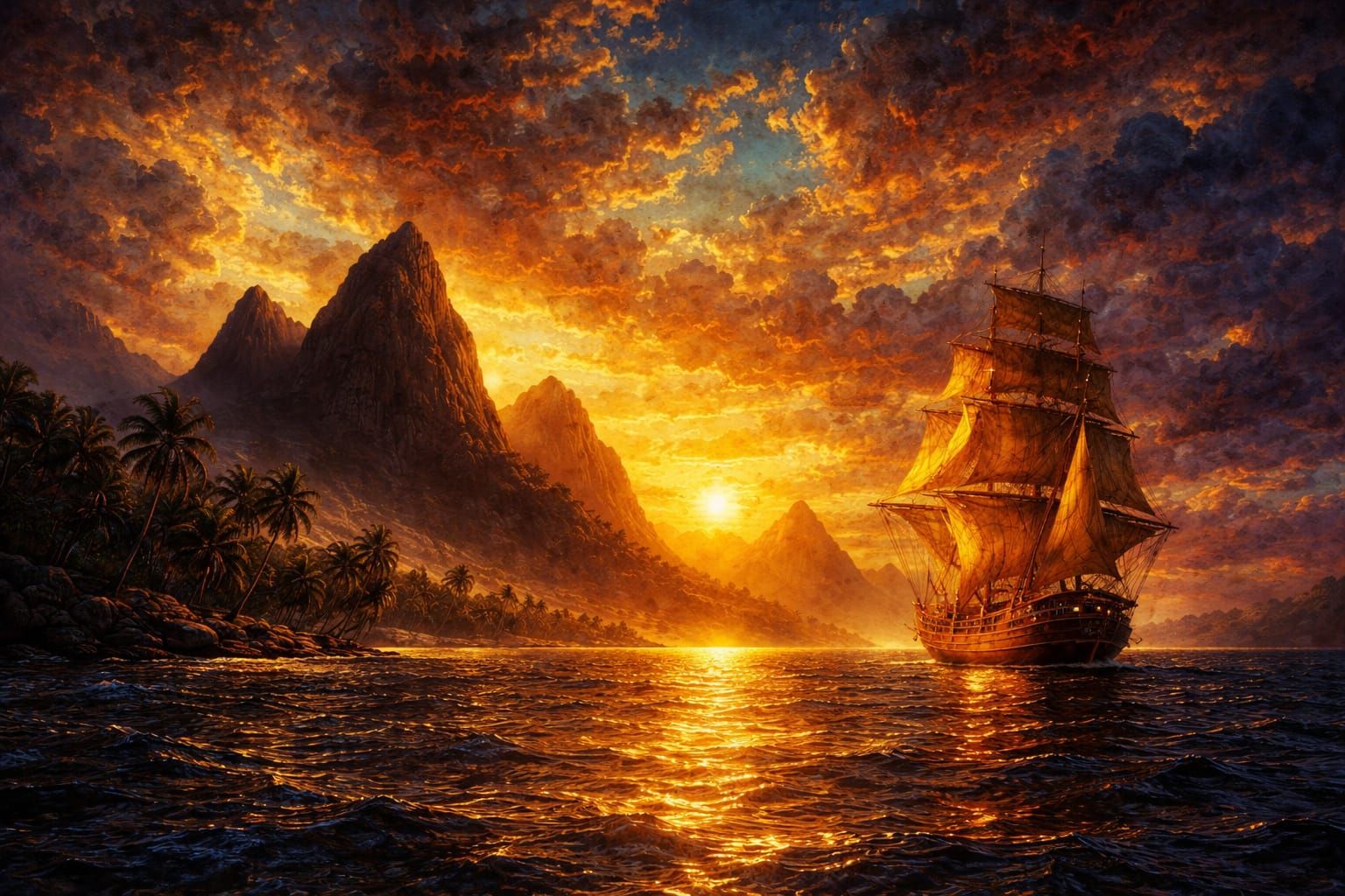 Majestic Polynesian Sunset Sailboat Seascape