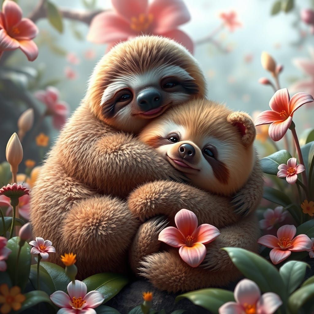 Chubby Friends Share Tender Moment in Whimsical Landscape