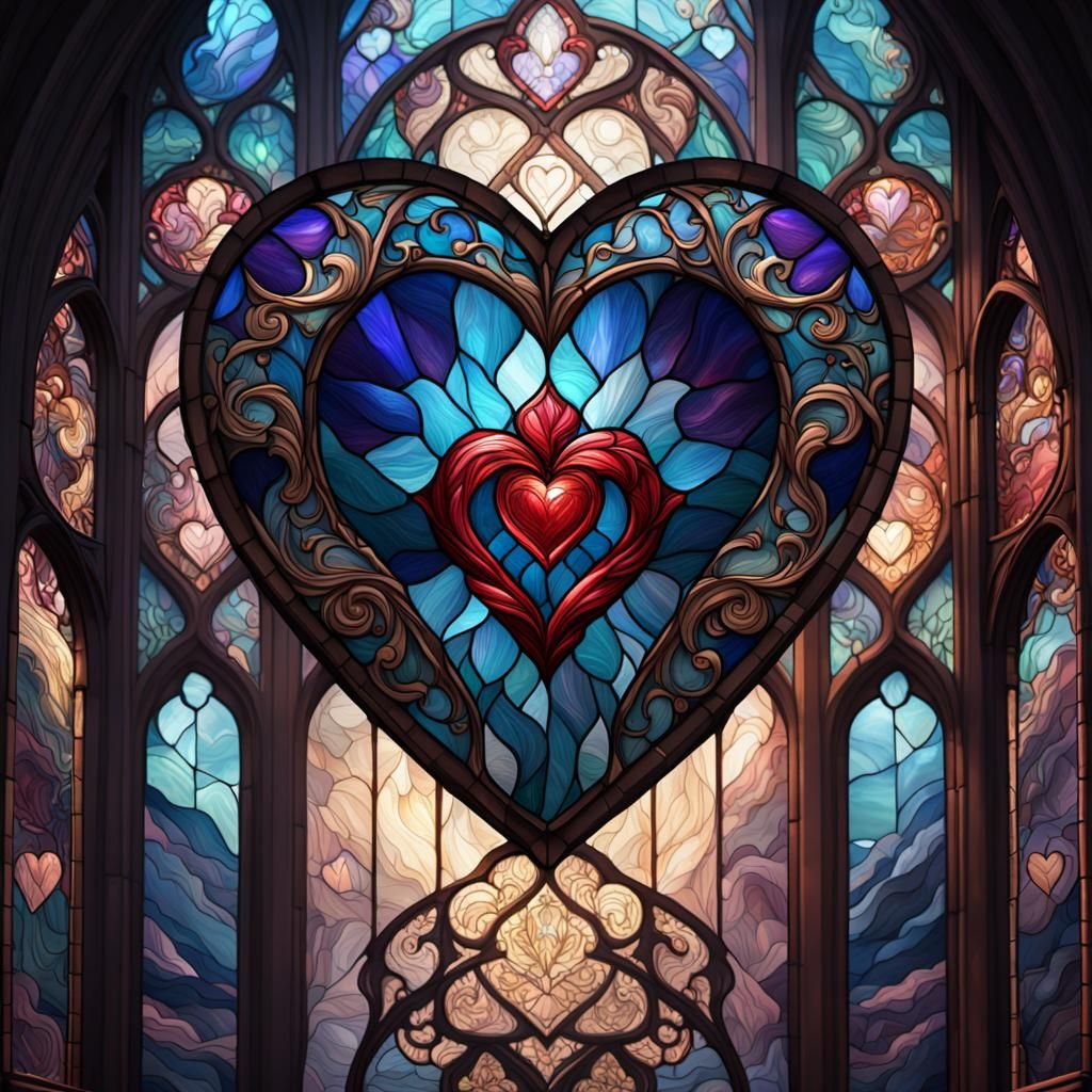 Detailed Stained Glass Heart in Fantasy Art Style
