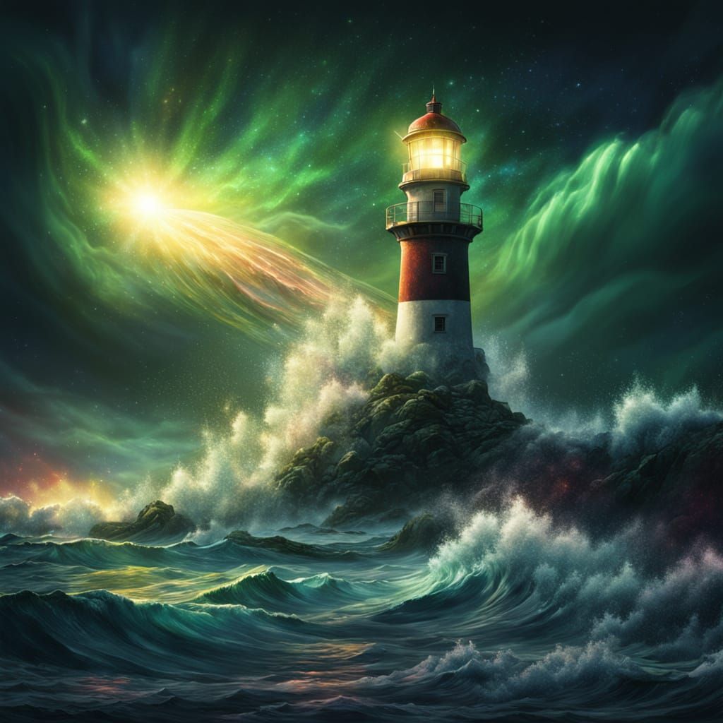 Cosmic Lighthouse Amidst Astral Storm