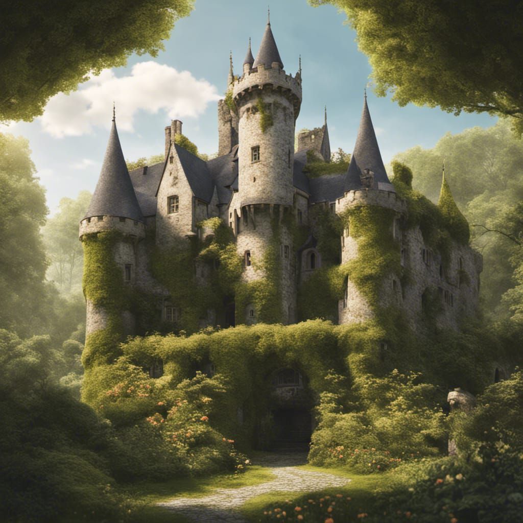 Sunlit Medieval Castle Overgrown with Moss