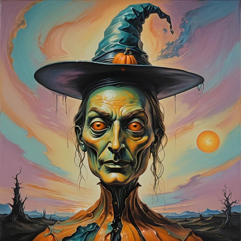 Surreal Pumpkin-Headed Witch in Dreamy Pastel Colors