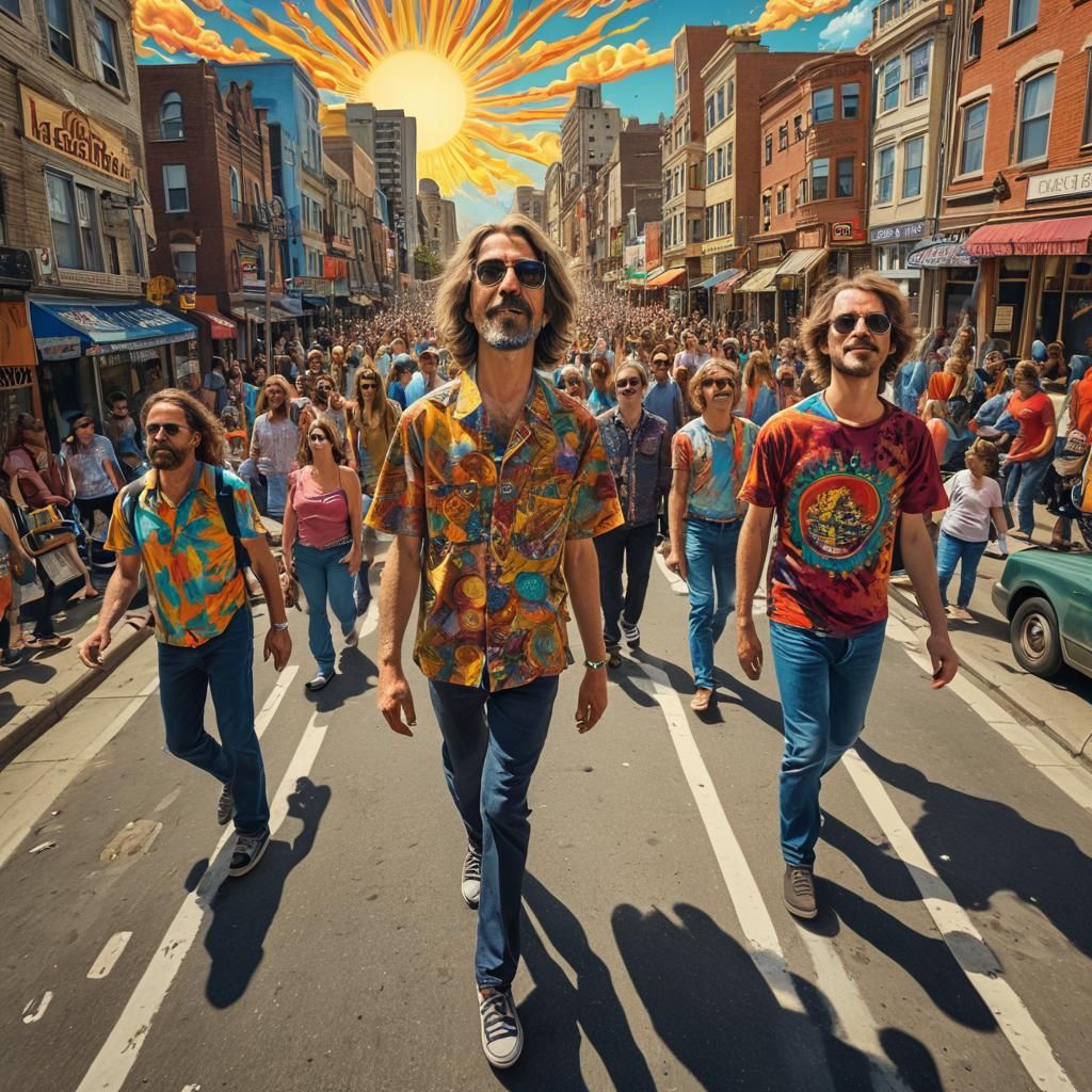 Grateful Dead Street Scene in Psychedelic Poster Style