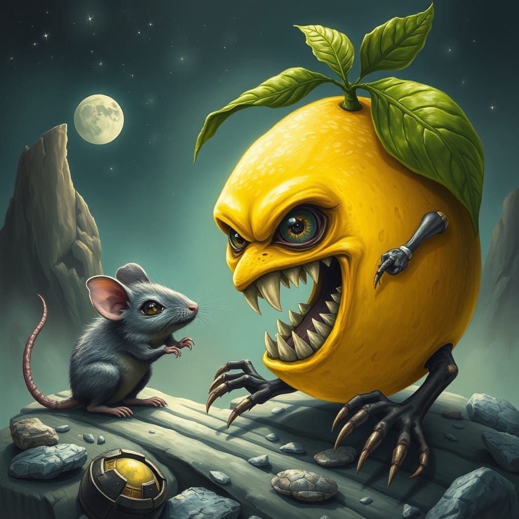 Anthropomorphic Lemon Faces Mouse on Fantasy World