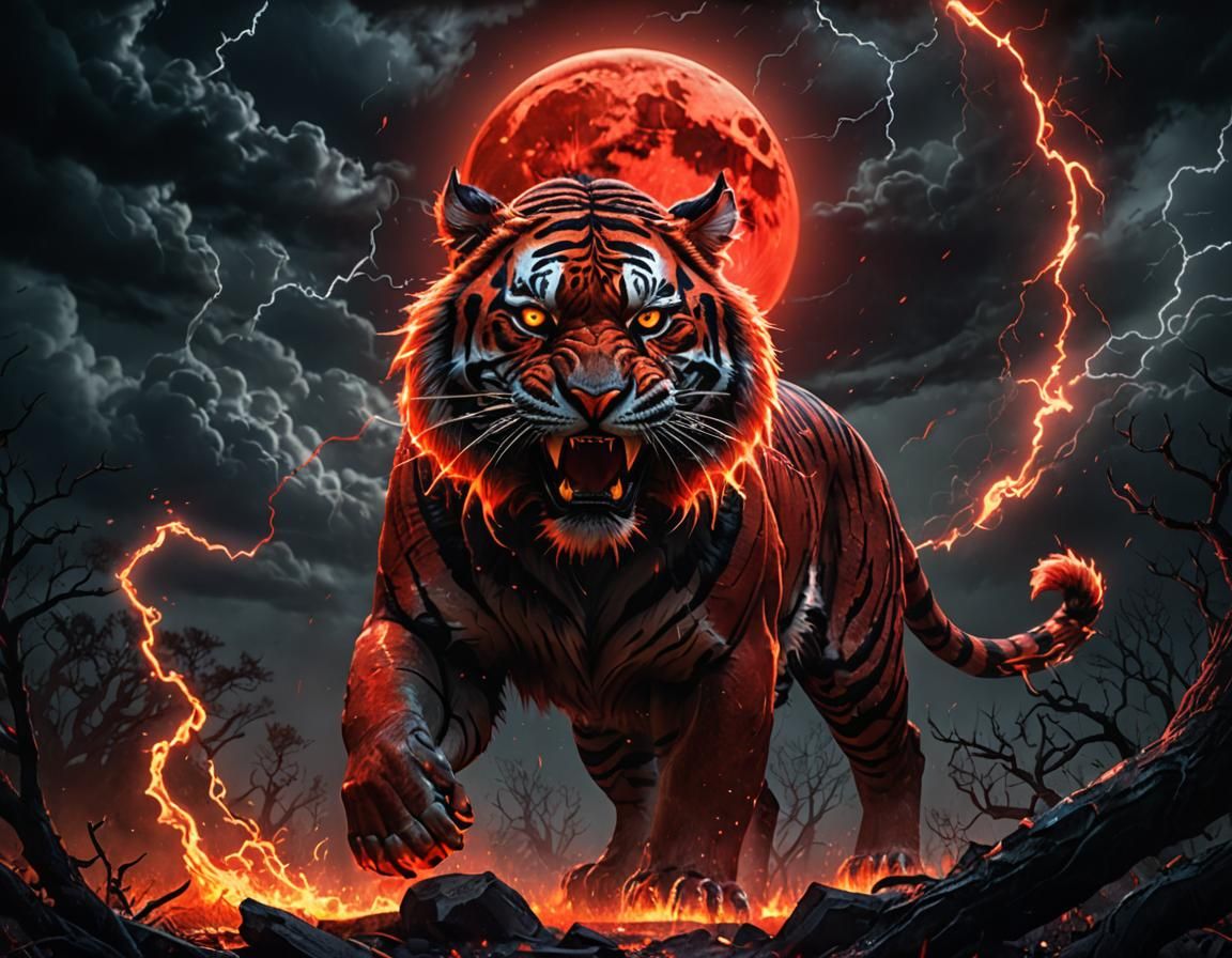Fiery Tiger Roaring Under a Neon Moon