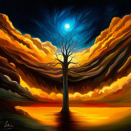 Ancient Tree Under Electric Starry Skyscape