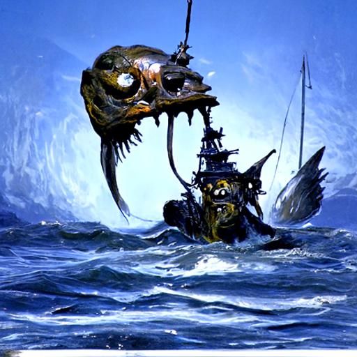 Anglerfish Monster Lurking Near Pirate Ship, Oil Painting