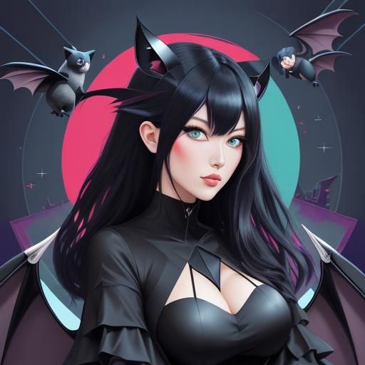 Chubby Neko Woman with Bat Wings in Cubist Forest