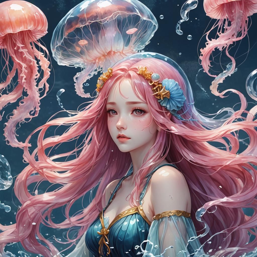Watercolor Water Goddess with Jellyfish, Anime Style