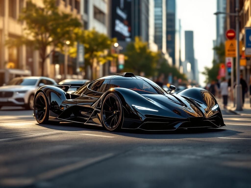 Sleek Black Sports Car on Bustling City Street