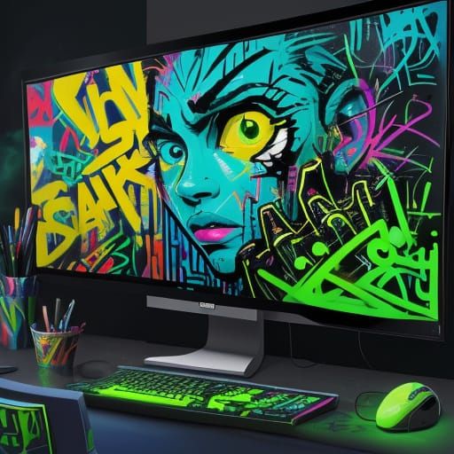 Graffiti-Style Desk Scene with Neon Hues and Marvel Toys