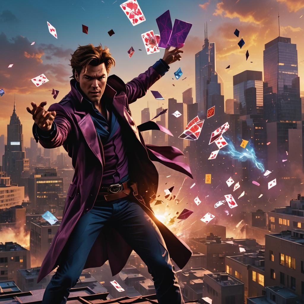 Gambit Throws Cards in a Cinematic Cityscape