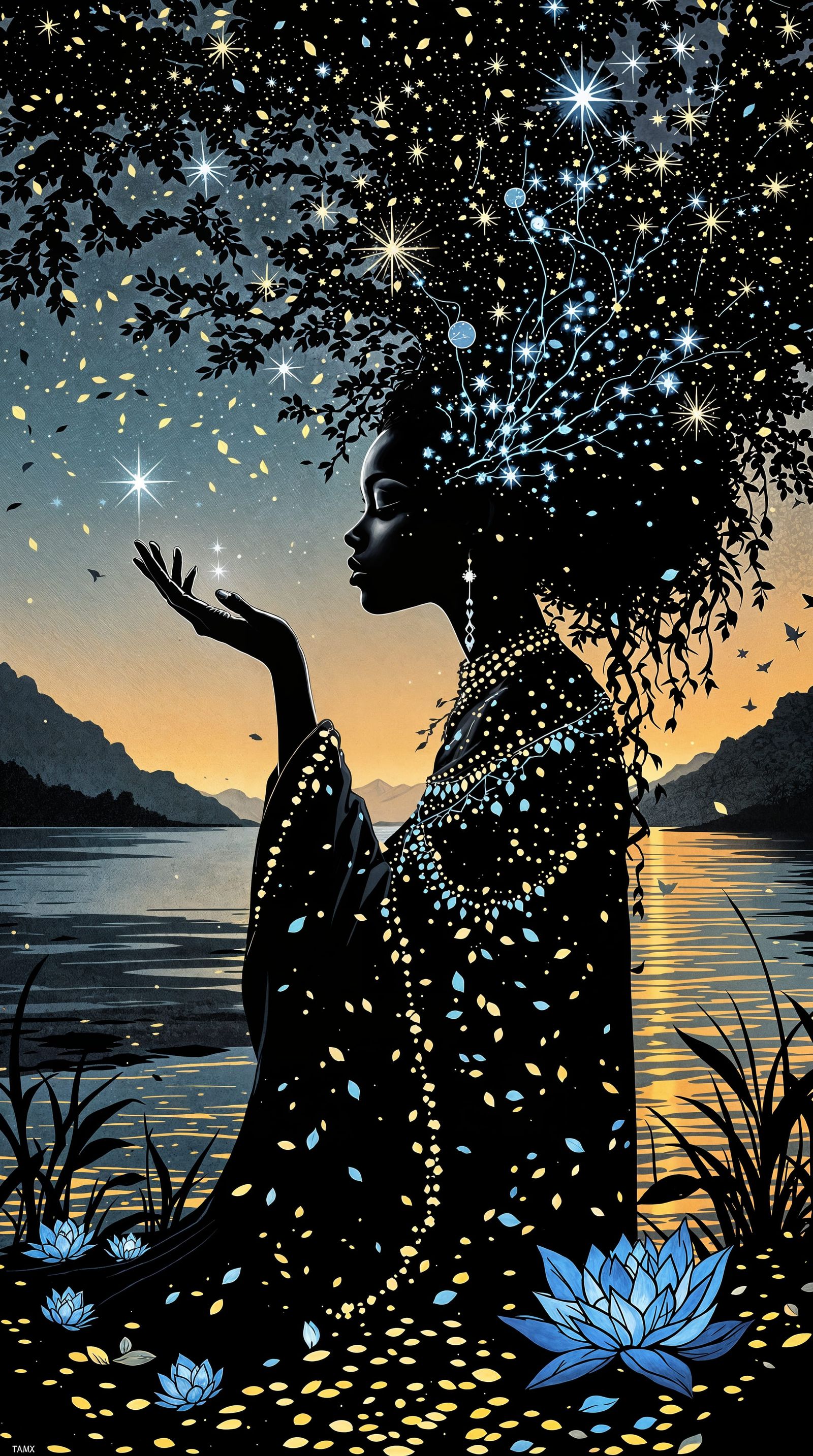 Ethereal East African Witch Amidst Cosmic Blooms