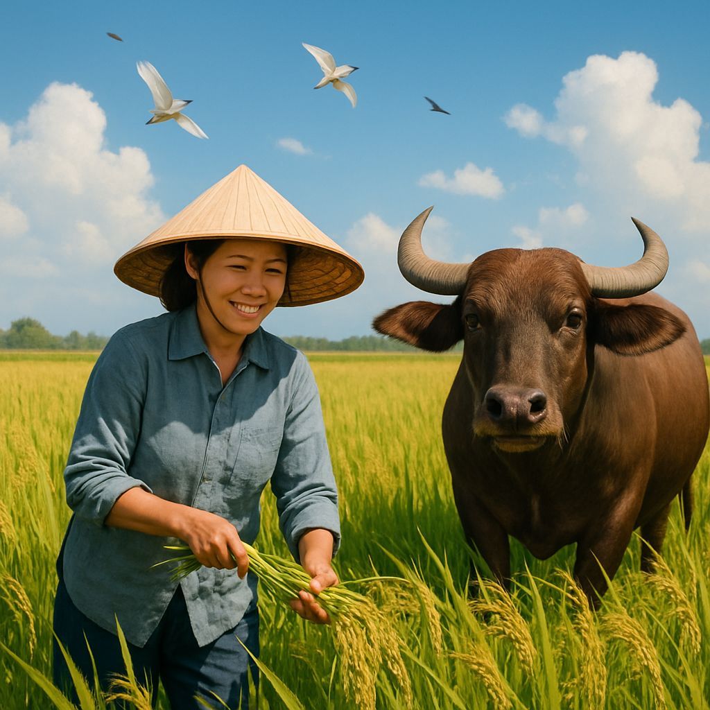 Taiwanese Farmer in Rice Field with Bull