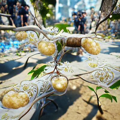 Golden Cherries on White Tree: Shin Hanga Style