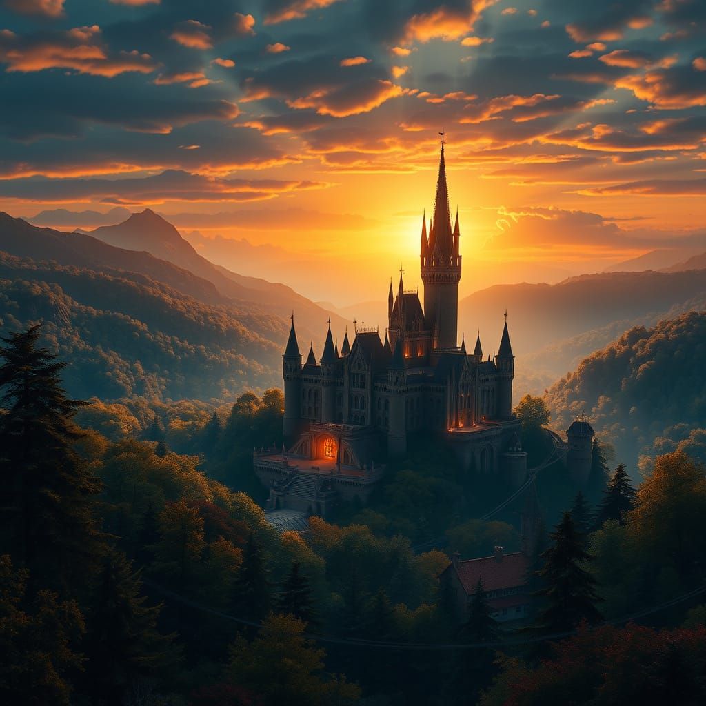 Majestic Sunset Castle in Vibrant Forest Landscape