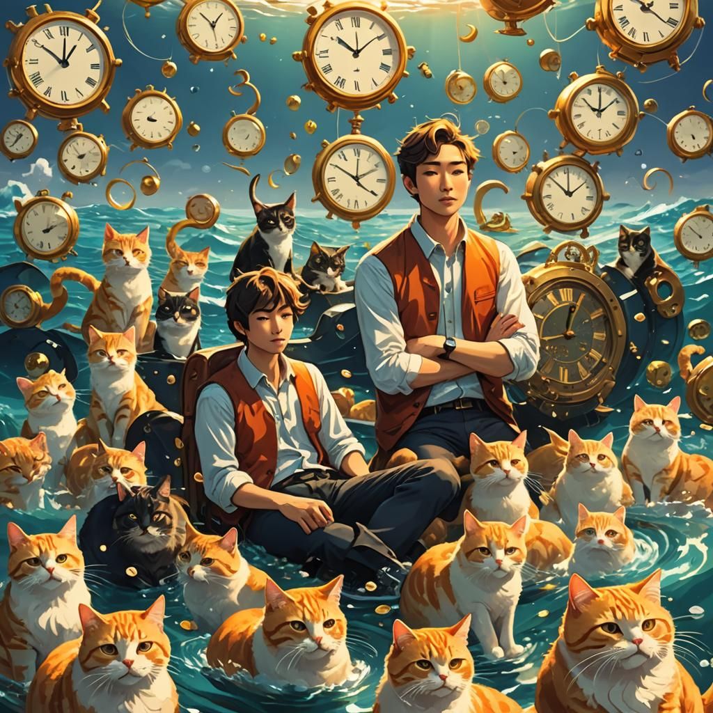 Magical Realism: Man with Cats and Clocks at Sea