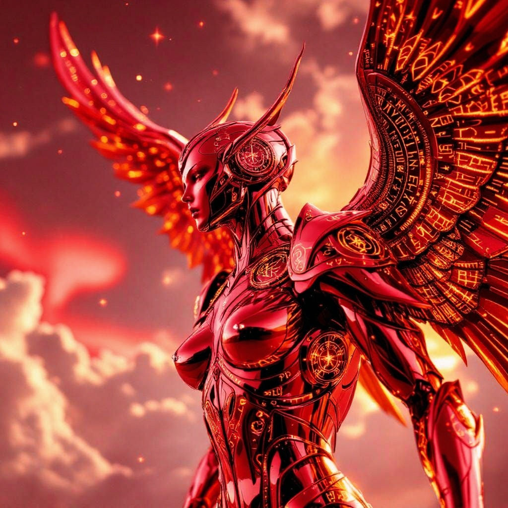 Celestial Valkyrie Soaring into Battle in Retrofuturistic St...