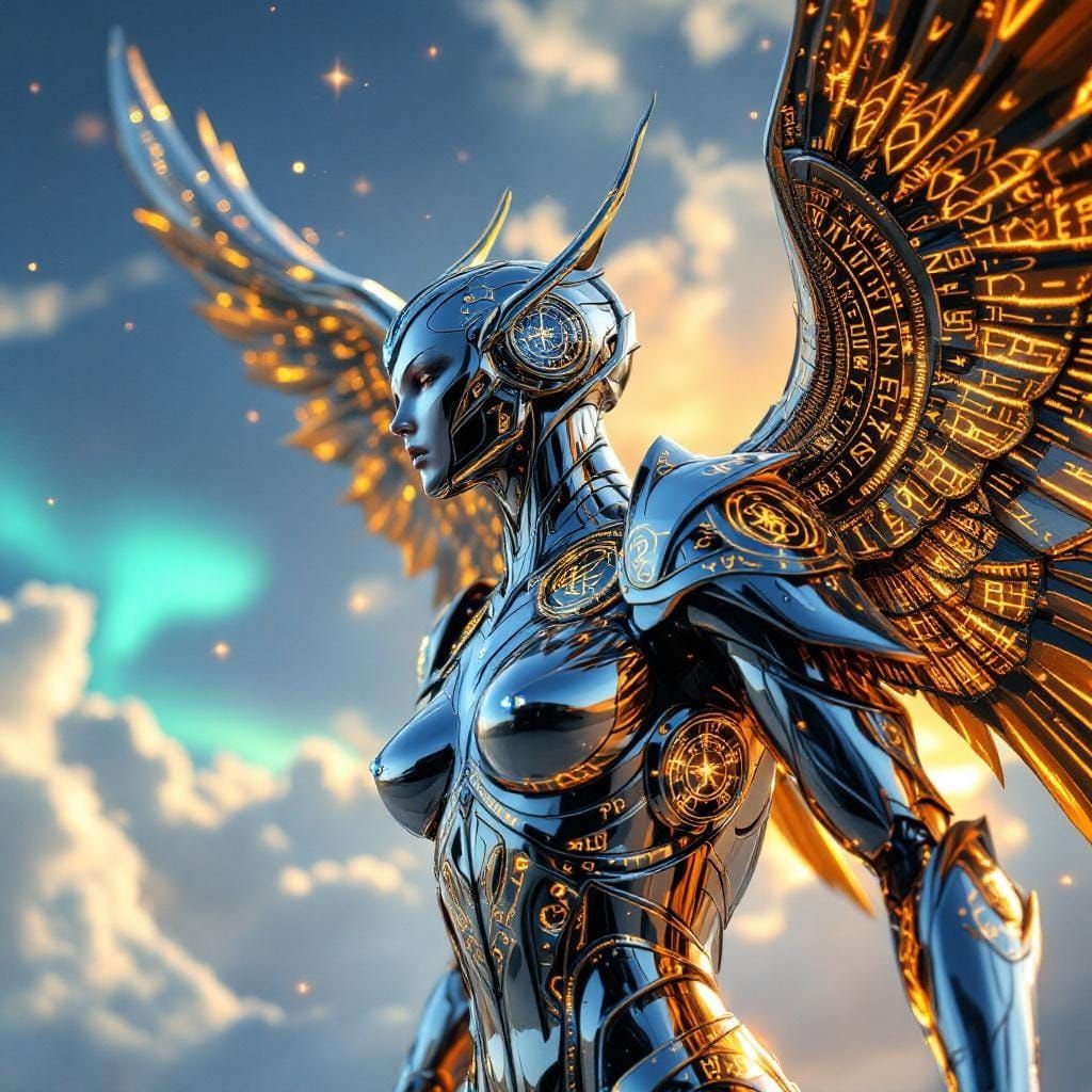 Chrome Steel Valkyrie Soaring into Battle, Sci-Fi Art