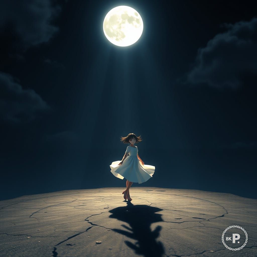 A Girl Reaches for the Luminous Moon in a Whimsical Anime-In...