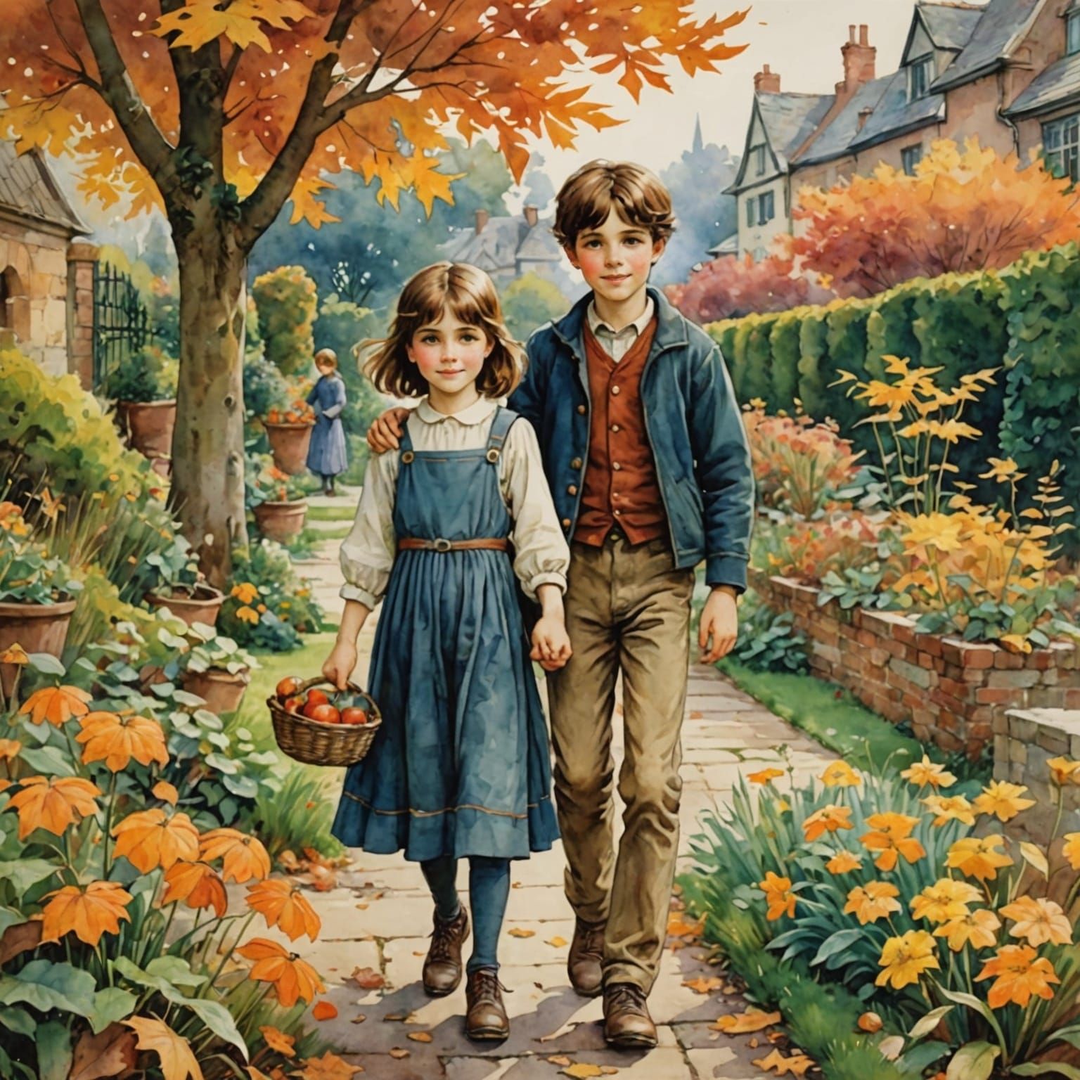 Cheerful Siblings in Autumn Garden: Watercolor Anime Style