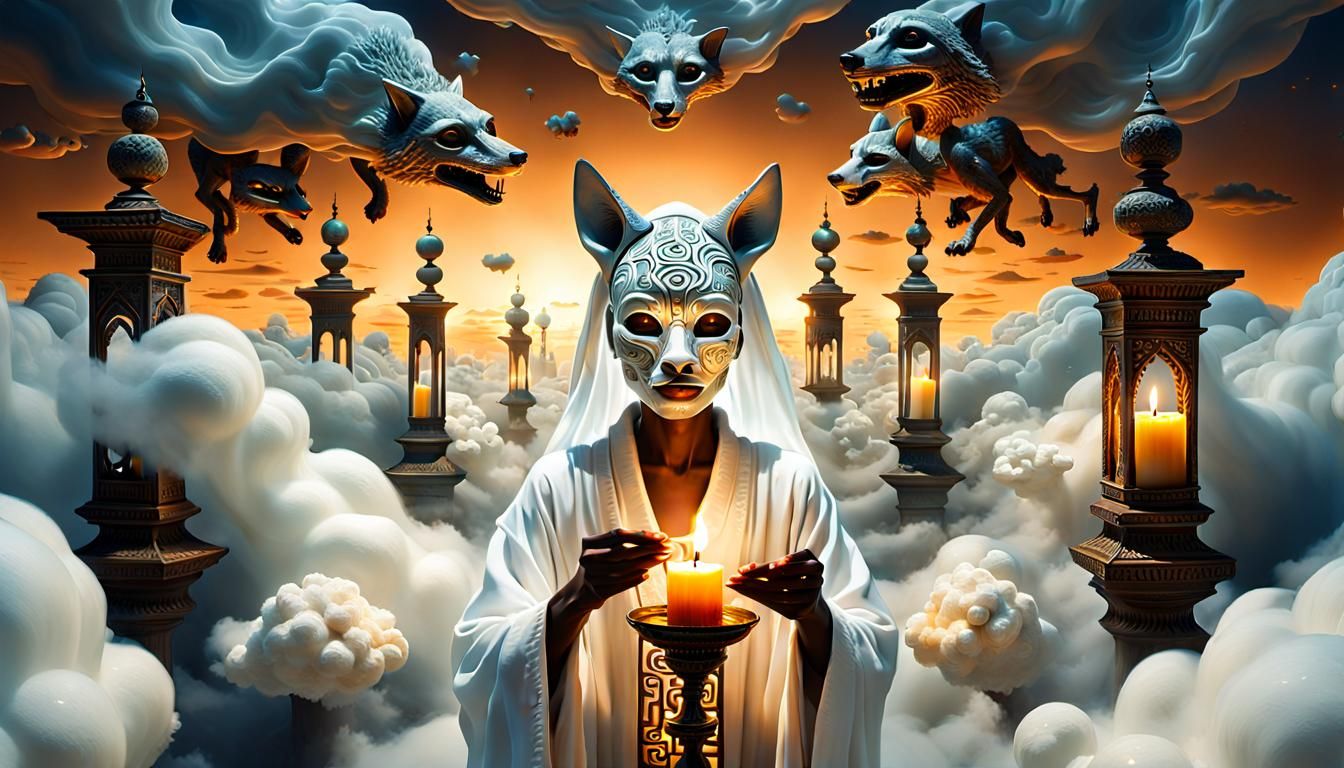 Surreal Woman with Jackal Mask in Cloud Maze