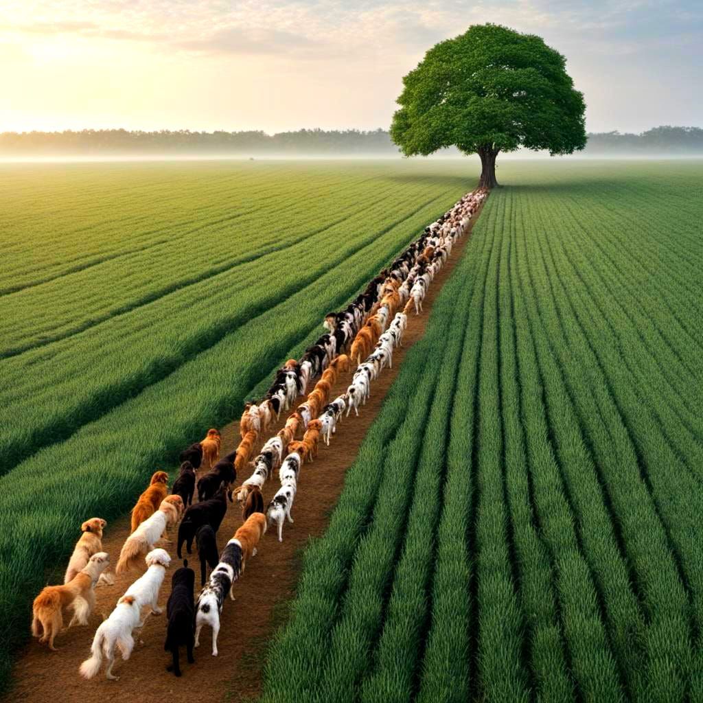 Dogs Waiting in Line at a Tree in a Green Field
