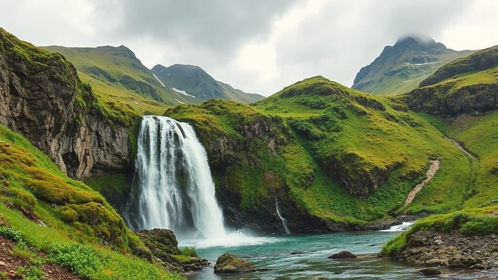 Waterfall on Umnak Island in the Aleutian Islands, Alaska, U...