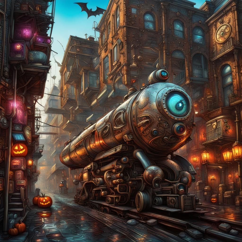 Steampunk retro futurism, aether  energy, Halloween town, 
  intricate details, HDR, beautifully shot, hyperrealistic, s...