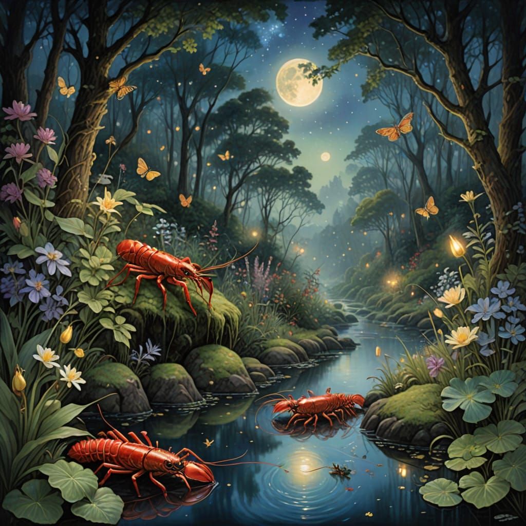 Dreamy Crayfish Colony in a Moonlit Ditch Scene