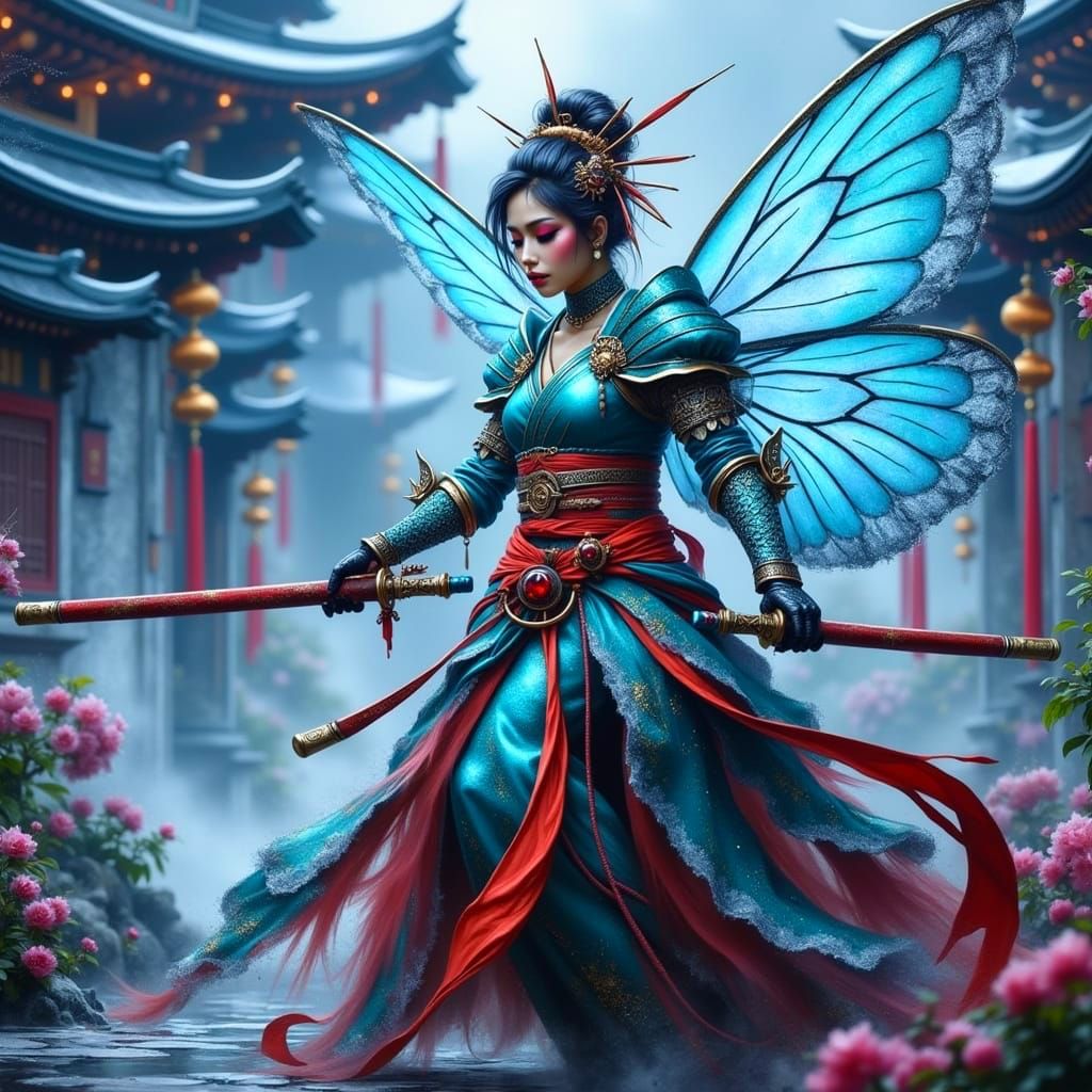 Fierce Fairy Warrior in Asian Geisha Punk Armor
