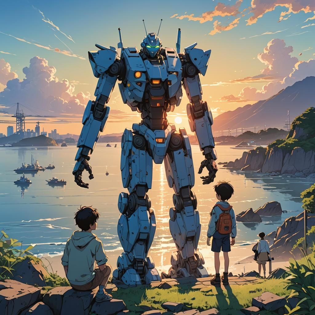 Japanese Sunrise Mecha Scene in Retro Anime Style