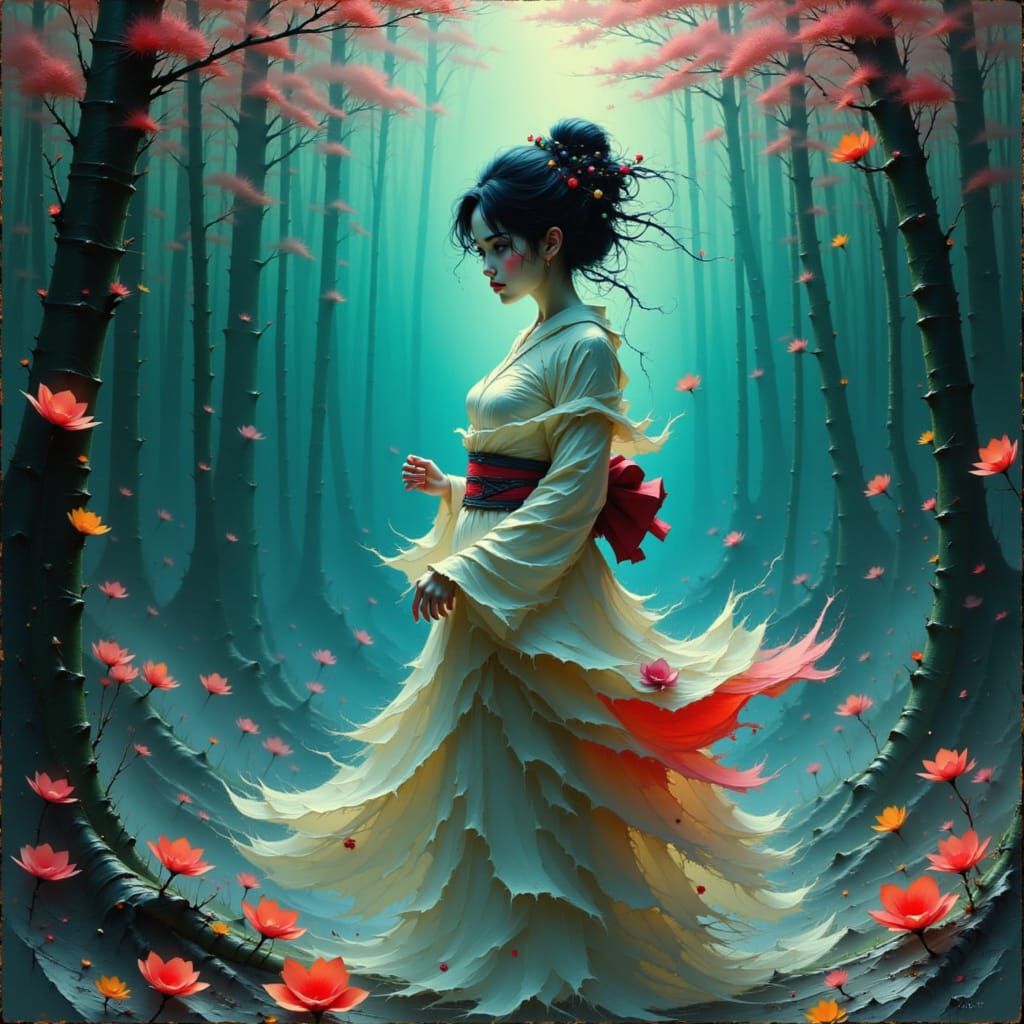 Ethereal Geisha Dancing in Haunted Bamboo Forest