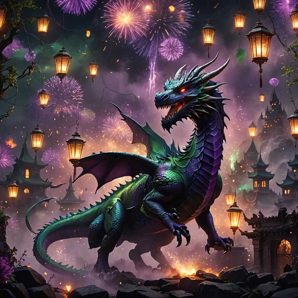 Dragon in Misty Landscape with Fireworks, Matte Painting