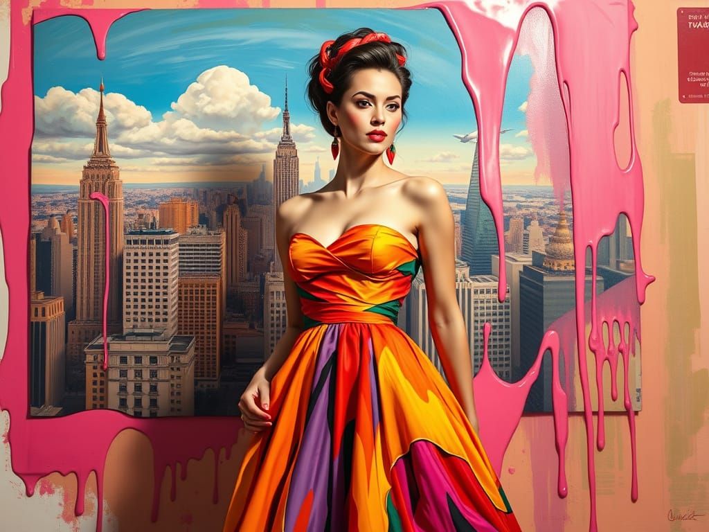 Melting Pop Art Portrait in Dreamlike Cityscape